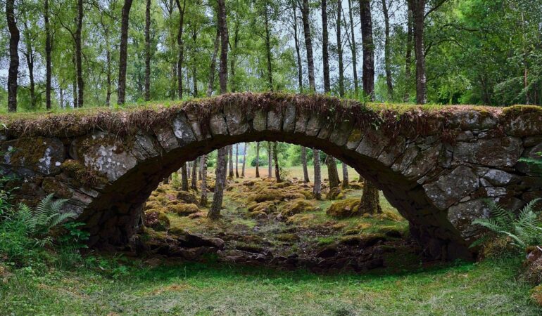 Mossklädd stenbro över en stig i en stilla, grön skog